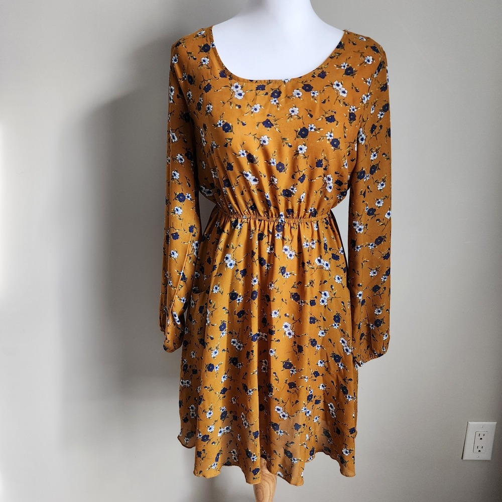 LA Soul Dress Womens Small Mustard Modest Ditsy Floral Boho Beachy Long‎ Sleeve